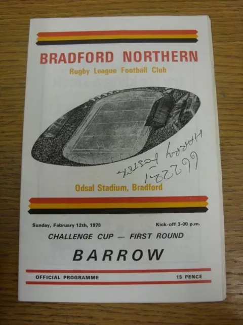 12/02/1978 Rugby League Programme: Bradford Northern v Barrow [Challenge Cup] (w