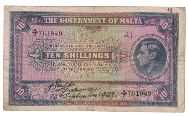 Malta - 13.9.1939 10 Shillings Banknote (P-13)