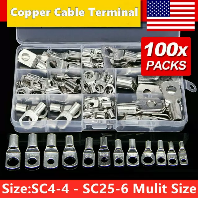 100Pcs Copper Tube Terminals Battery Welding Cable Lug Ring Crimp Connectors Kit