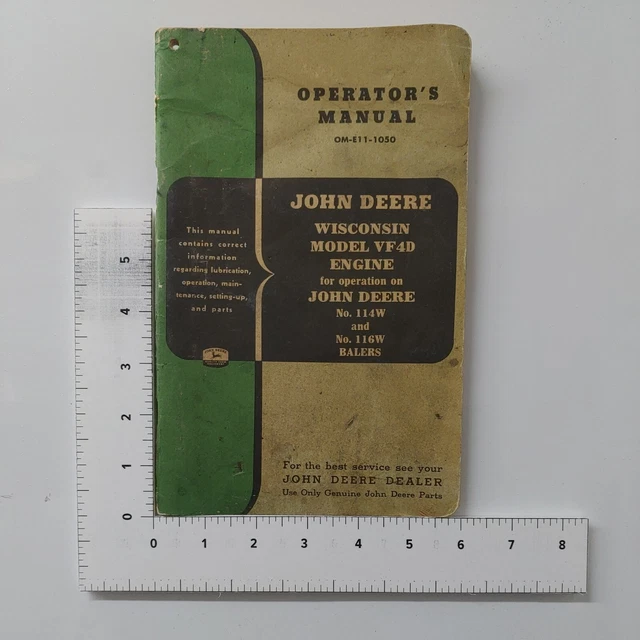 John Deere Operators Manual VF4D Engine 114W 116W Balers OM-E11-1050 Vintage