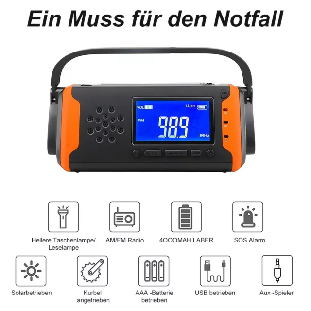 Solar Radio Handkurbel AM/FM Radio LED Taschenlampe USB. Notfall Handyladegerät