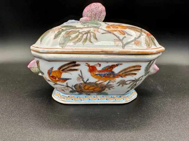 Hand Painted Antique Chinese Strawberry / Bird Multicolor Porcelain Box with Lid