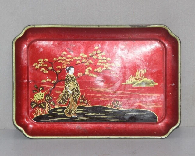 Ancienne Assiette de Service Litho Belle Dame Peinte Paysage Tin Plateau...