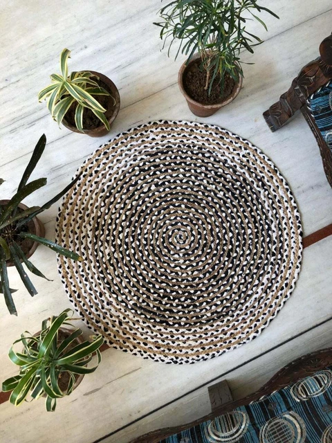 Rug Round Natural Jute & Cotton Hand Made Area Rag Multicolor Rug Indoor Carpet