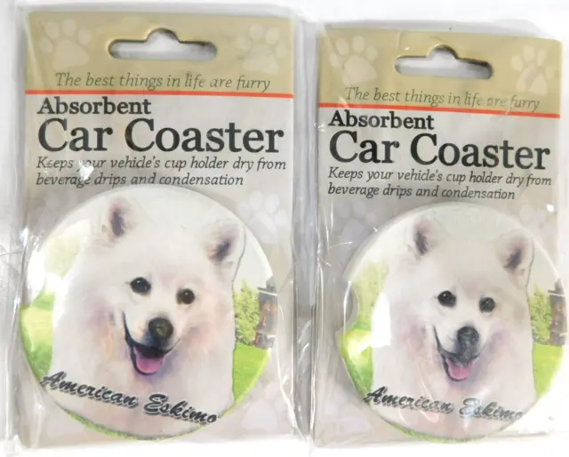 2 American Eskimo Car Coaster Absorbent Cup Holder Stoneware NEW