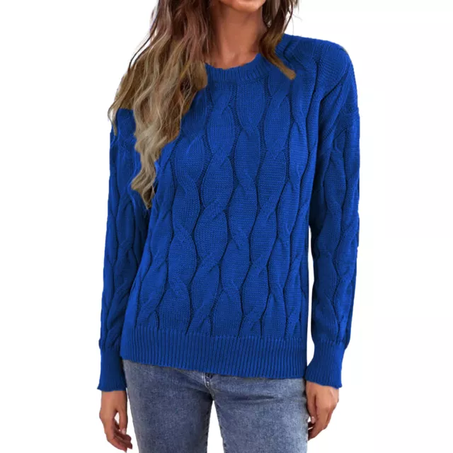 Womens 2022 Cute Elegant Soft Crewneck Long Sleeve Hollow Cable Knit Pullover 3