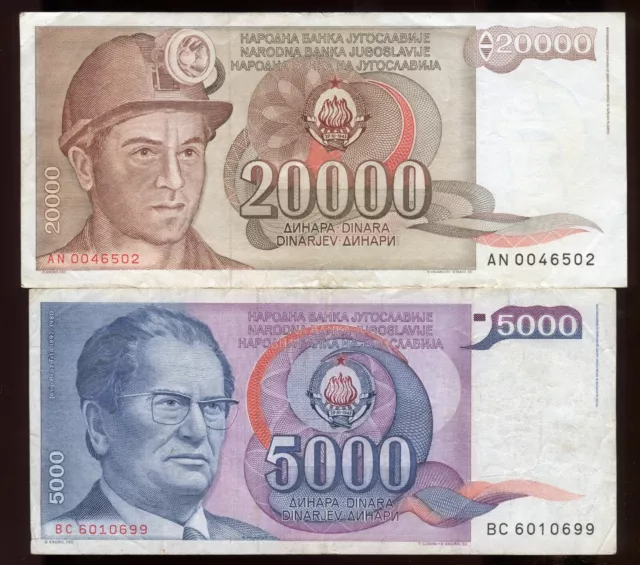Yugoslavia 1985 5000 & 1987 20000 Dinara | Avg Circ | 2-Notes | Free Shipping