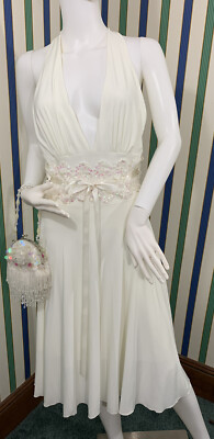 Ariella  Irridescent Sequins Applique Midi Dress (L)  Ivory Halter, Purse too