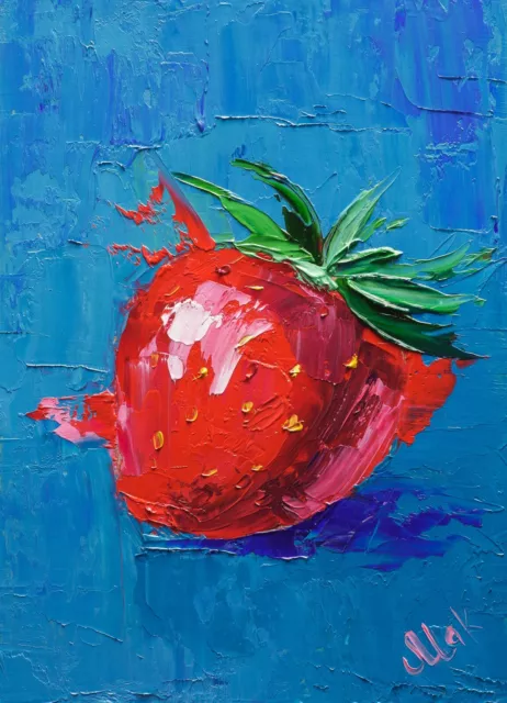 Strawberry Oil Painting Kitchen Painting Small Oil Art Fruit Impasto Painting