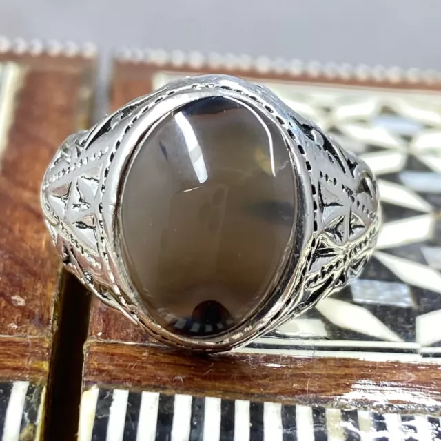 WOW 925 sterling Silver men's ring Natural Yemen Agate Aqeeq عقيق بقراني سليماني