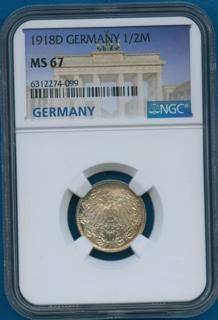 1918 D Germany NGC MS67 Silver German 1/2 Mark WWI Era 1918-D MS-67