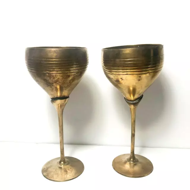 Vintage Enamel Hand Painted Etched Brass Peacock Set of 5 Wine Goblets  India