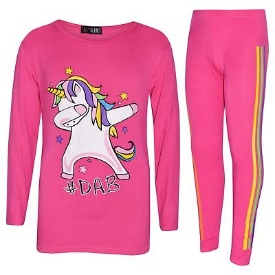 Kids Girls Rainbow Unicorn Dab Floss Pink Top & Legging Xmas Outfit Set 7-13 Yrs
