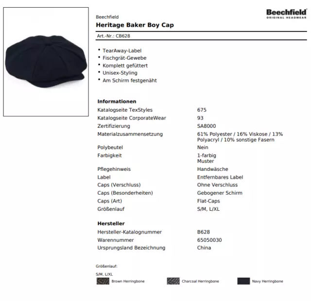 Beechfield Heritage Baker Boy Cap CB628 Schirmmütze gefüttert Winter 2 Größen 2