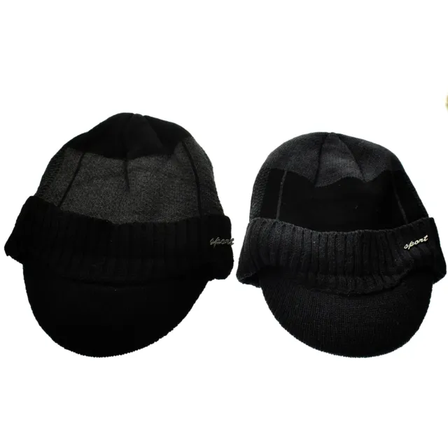 Men Winter Warm Cotton Knit Fleece Lined Billed Beanie Brim Hat Cap With Visor 2