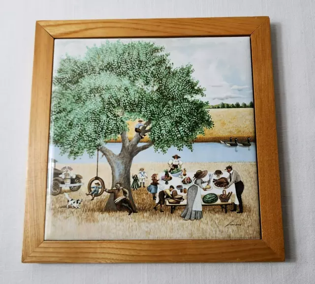 Lowell Herrero Vandar Wood Framed Folk Art Country picnic Trivet Tile 10" Vtg