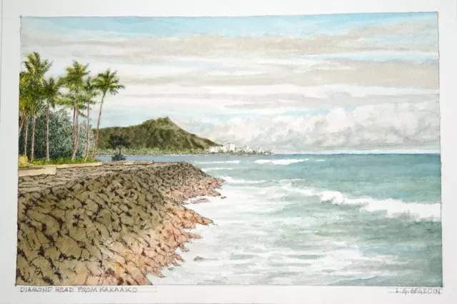 Orig Hawaii Watercolor Painting "Diamond Head from Kakaako" by L. Segedin #70