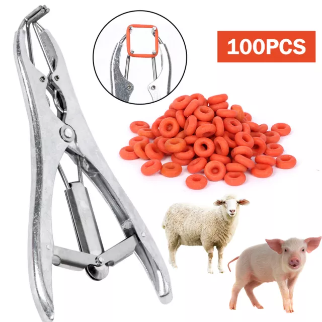 Lamb Castration Applicator Sheep Tail Elastrator + 100 Leader Marking Rings