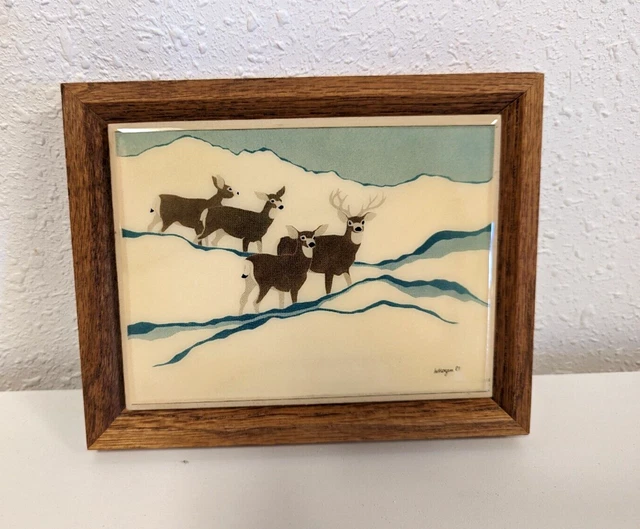 Vintage Art Ceramic Tile W Morgan DEER IN SNOW FIELD framed Kimberly Interprises
