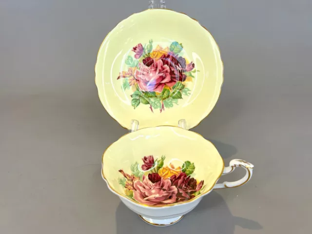 Rare PARAGON Pink, Yellow Cabbage Roses - Yellow Tea Cup & Saucer Set - England