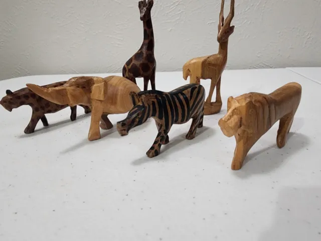 Lot of 6 Hand Carved Wooden Small Animals, Elephant, Giraffe, Lion, Leopard