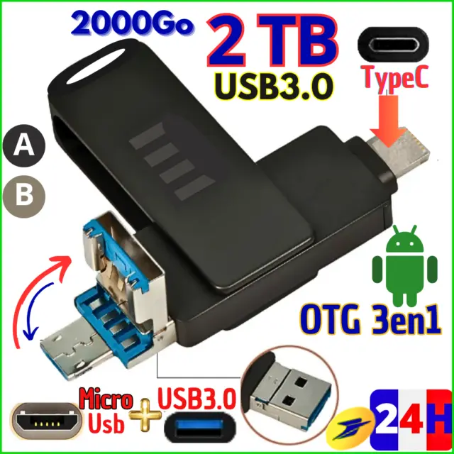 2TB-2000Go OTG U-Disk 3en1 Clé USB 3.0 à Usb TypeC et MicroUsb, ANDROÏD, PC