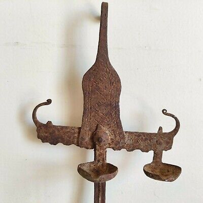 19c Antique Primitive Handmade Worship Wall Hanging Oil Lamp Iron Original Old 3
