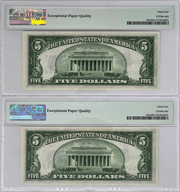 1934-A $5.00 Silver Certificate Consecutive Pair, Fr. 1651, PMG 64-EPQ-Choice CU 2