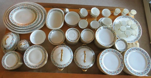 Antique 142 Pc Set T&V Limoges France #9110 Blue Orange Floral & Green Vine