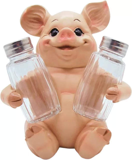 Pink Pig Salt and Pepper Set Holder, Farmhouse Décor, Shakers Included, 6.5 Inch