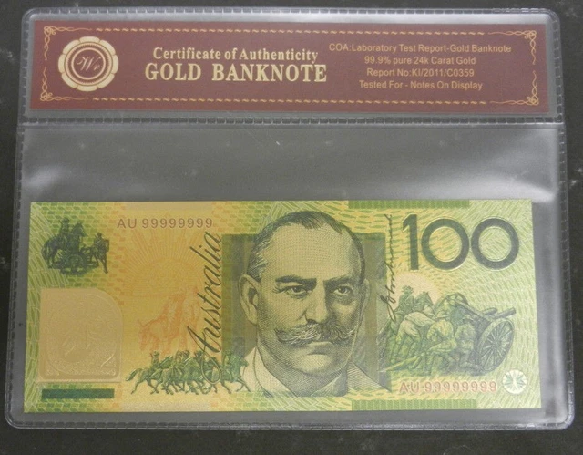 Australian 100 Dollar Gold Banknote Plated With Pure 24K Gold +COA Australian 100 Dollar Gold Banknote Plated With Pure 24K Gold +COA