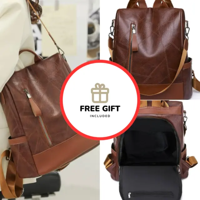 Ladies / Teen PU Leather Anti Theft Backpack, Work / School Backpack + FREE GIFT