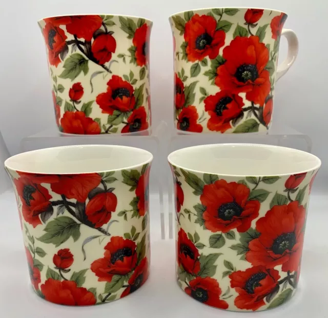 Heritage Stoke On Trent Fine Bone China Princess Mug Set 4- Red Poppy - Value+