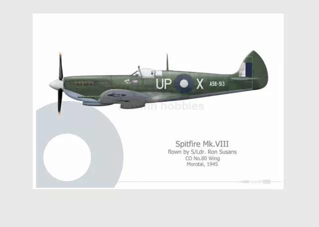 Warhead Illustrated Spitfire Mk.VIII S/L R.Susans CO 80 Wing RAAF Aircraft Print