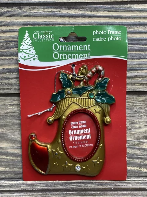 Vintage Christmas Photo Frame Ornament Gold Stocking Red Trim Gems Holly 4”