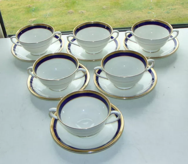 Coalport Bone China Elite Royale Pattern Blue and Gilt 6 x Soup Bowls and Stands