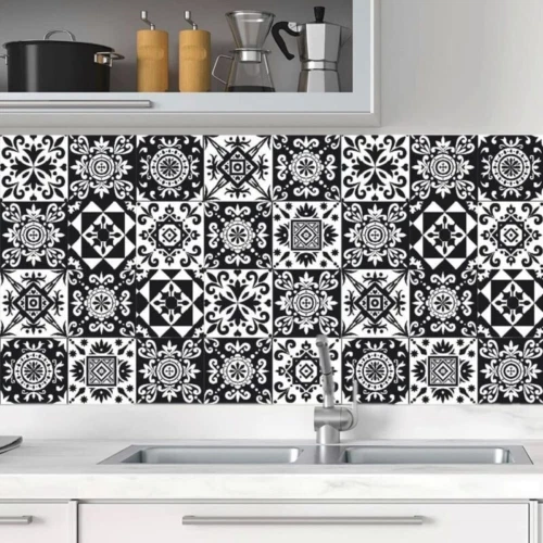 20 pegatinas de azulejos en blanco y negro, pared de baño de cocina