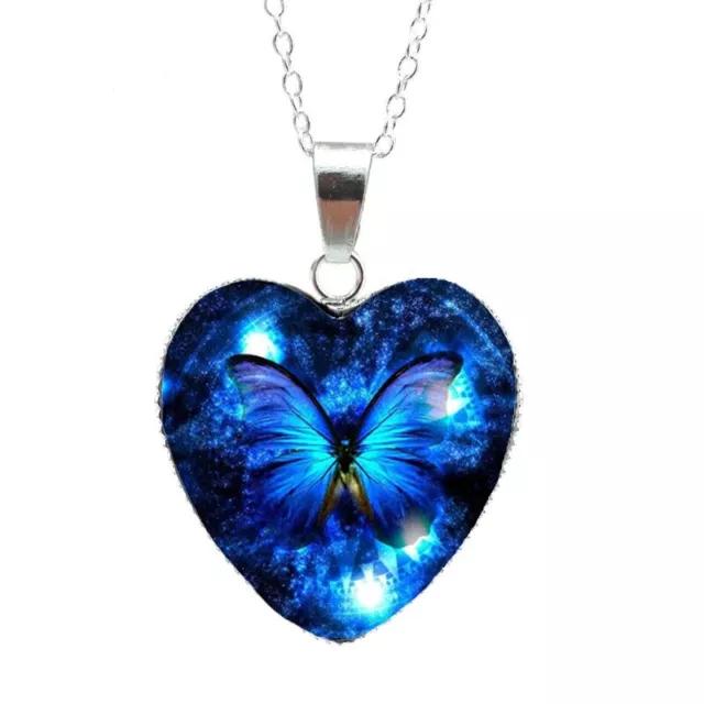 Collar Mujer Colgante Plata Azul Mariposa Corazón Cabujón Regalo Fiesta