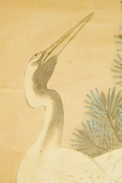 Tableau Japonais Rouleau Suspendu Vintage - Lys Du Japon Et Oiseau, Peint à La Main - Occasion Avec Tache