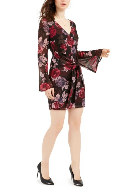 Guess Women's Floral Short Wrap Dress Party Dress Red Size Petite Medium