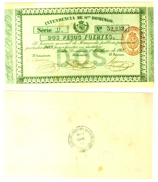 r Reproduction Paper - Dominican Republic 2 Pesos Fuertes 1862 Pick #48  1823R