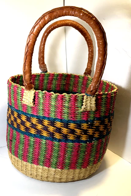 Handwoven African Bolga Basket with Double Leather Handles Round