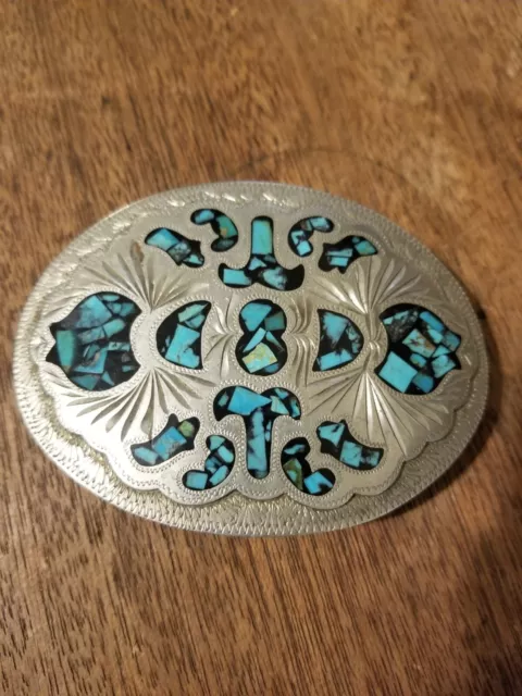 German Silver Turquoise Inlay Western Belt Buckle  -Beautiful 4 X 2.75 Inches