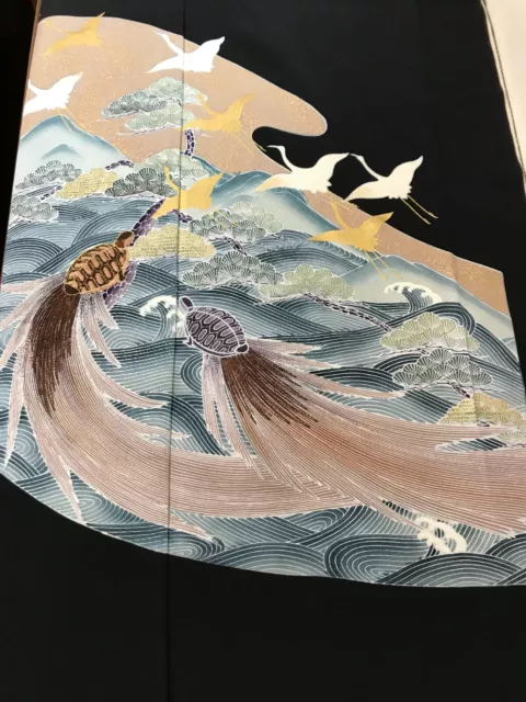 @@ Vintage Japanese kimono silk fabric/ tomesode black/ 鶴亀 C2