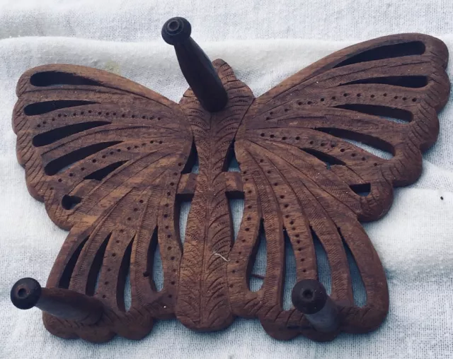 Vintage Wooden  Butterfly Wall Mount Hanger  3 knobs hangers