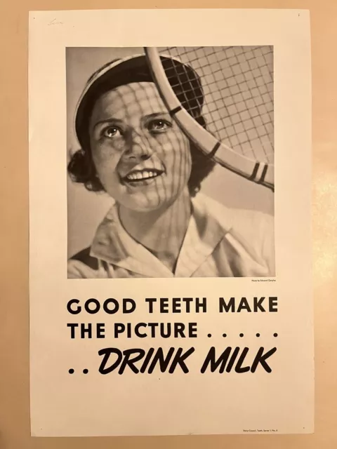 Drink Milk Original Vintage Poster Good Teeth Make The Picture circa~ MCM Tennis