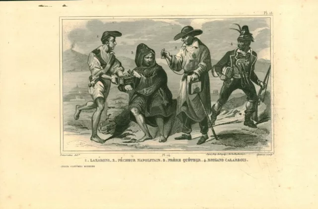 Gravure ancienne sur acier XIXème personnages et costumes issue de livre