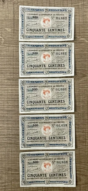 Lot de 5 bon de nécessité 50 cts / numéro qui se suivent   ville de Troyes