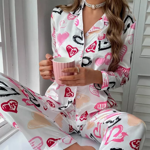 Women's Silk Satin Pyjamas Set Long Sleeve Button-Down Sleepwear Pjs Loungewear