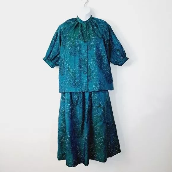 Vintage Betty Thai Silk Peacock Blue Floral 100% Silk 2 Piece Skirt Set